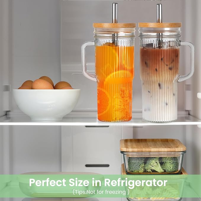 24oz Ribbed Glass Tumbler With Handle, Reusable Glass Iced Coffee Cups With lids - Image 5