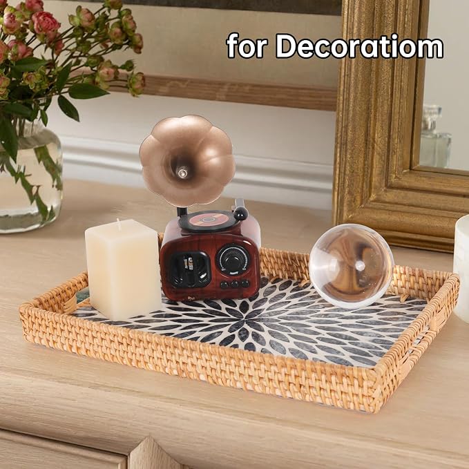 Rectangle Rattan Tray with Mother of Pearl Inlay, Rattan Serving Tray with - Image 7