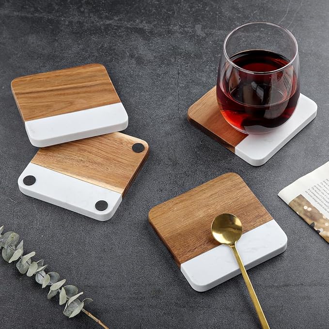 Acacia Wood Marble Coasters for Drinks Set of 4, Square Non-Slip Wooden Stone - Image 6