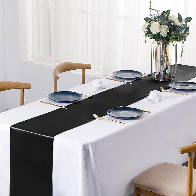 SiinvdaBZX 12 Pcs Black Satin Table Runner 12 x 108 inches Long | Bright Smooth - Image 2