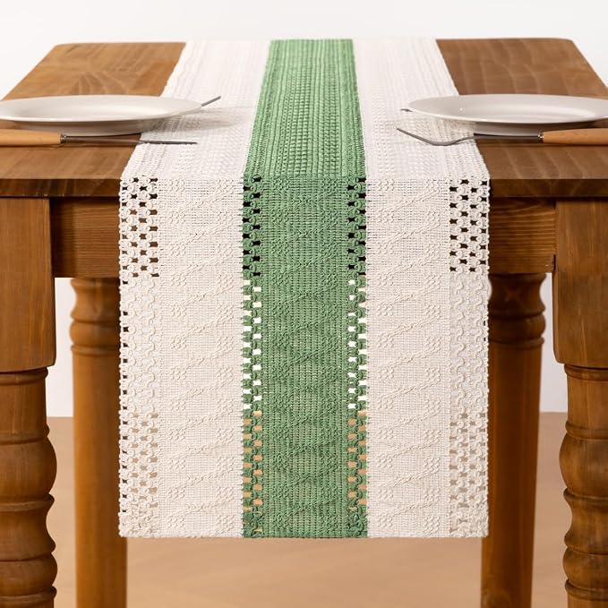 Ivory & Sage Boho Table Runner Macrame Woven Table Runner 12x90 Inch | Small - Image 3