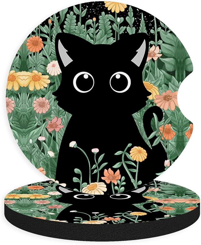 2pcs Cute Black Cat Car Coasters, Absorbent Universal neoprener Cup Holder by Unknown