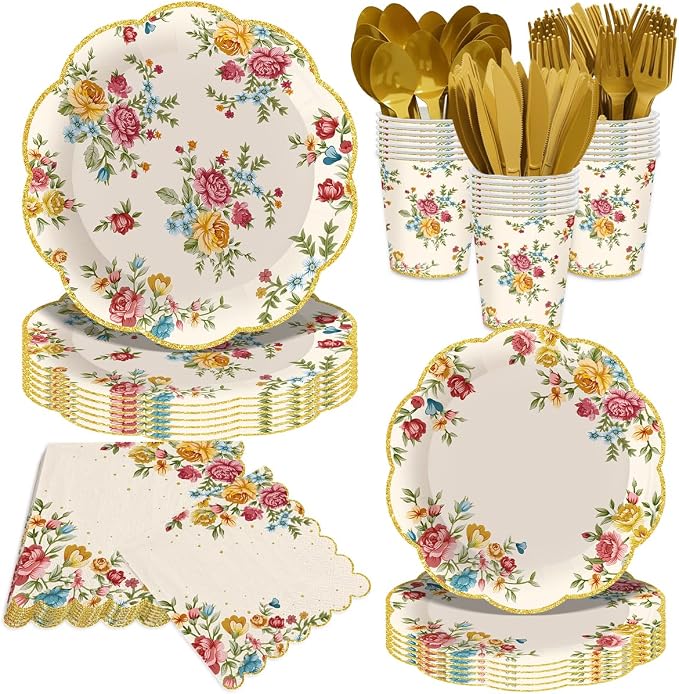 140Pcs Vintage Floral Party Supplies Tableware Set Tea Party Decorations Flower by JLCFUTURE