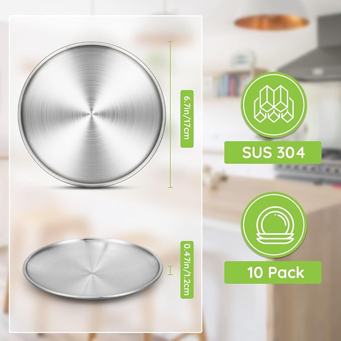 Stainless Steel Plates, 10 Set 6.7 inch 304 Metal Food Serving Plate, Reusable - Image 2