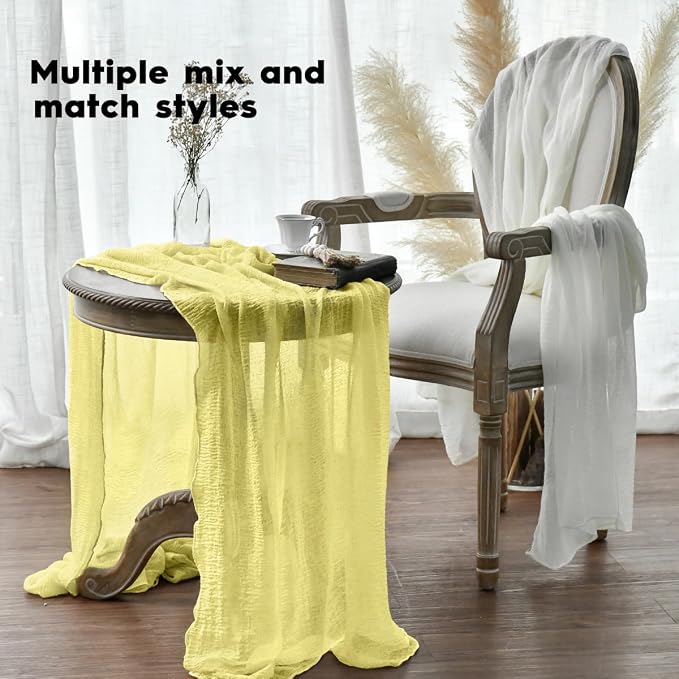 Artoid Mode Boho Light Yellow Gauze Wedding 6Pcs Table Runner, 120 Inch - Image 3