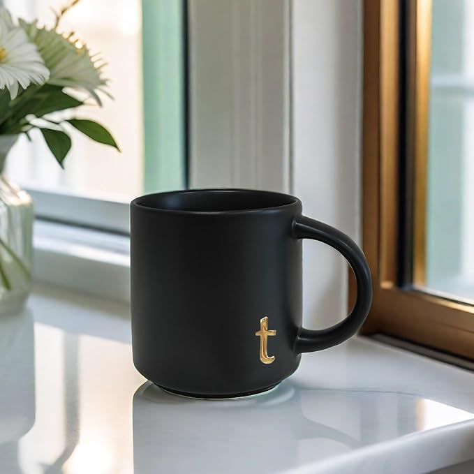COLLECTIVE HOME Black Ceramic Coffee Mug, 15 oz Golden Monogram Tea Cup | - Image 5