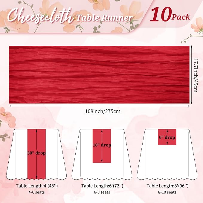Pesonlook Cheesecloth Table Runner Red, 10 Pack 17.7x108 inch, Long | Rustic - Image 2
