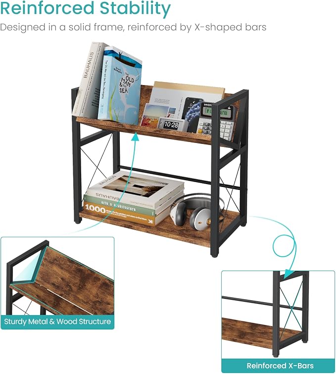 ELITEROO Desktop Bookshelf, 2 Tier Desk Shelf Organizer, Wooden Tabletop - Image 7