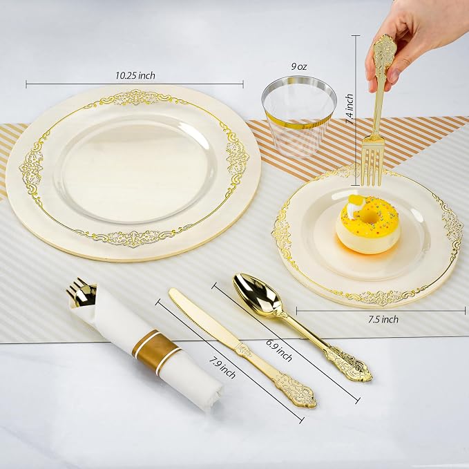 Bestluck 350PCS Clear Gold Rim Disposable Dinnerware - Image 2