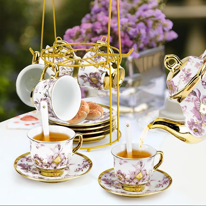 20 Pcs Porcelain Tea Set with Metal Holder, 700ml/23oz European Ceramic Tea Set - Image 5