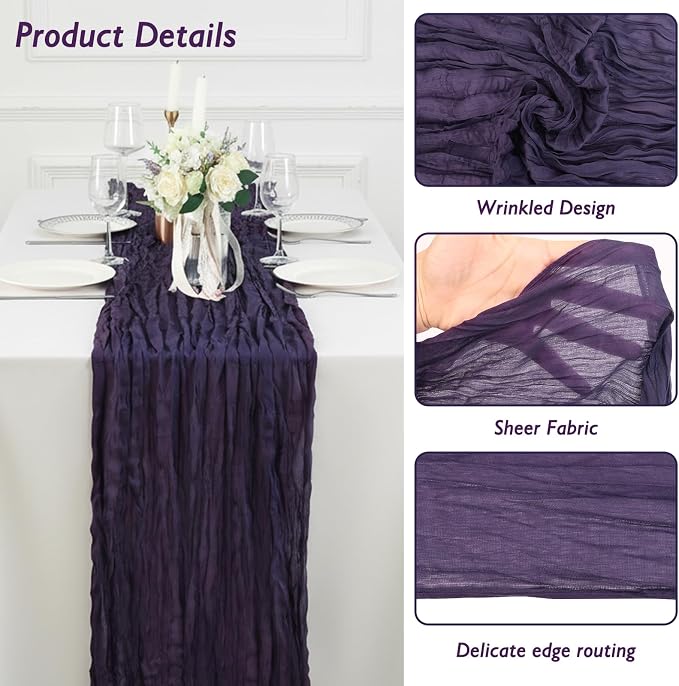 8 Pack Dark Purple Cheesecloth Table Runner 120 Inch Boho Wedding Decor | - Image 3