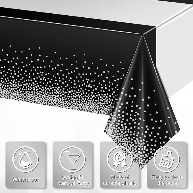 12Pcs Black Silver Tablecloth Party Decorations, Plastic Black Table Cloth - Image 3