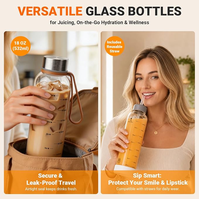 Sursip 18 oz Glass Water Bottles, 4 Pack | BPA-Free Reusable, Measurement - Image 5