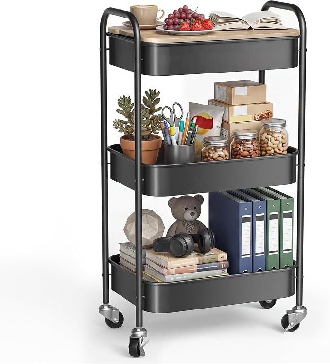 DTK 3 Tier Rolling Cart with Wheels, Heavy Duty Metal Utility Cart, Mobile by DTK