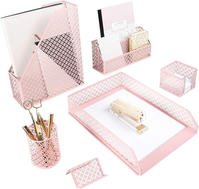 BLU MONACO Pink Desk Organizer Set | 6-Piece Metal Desktop Accessories | Mail by Blu_Monaco
