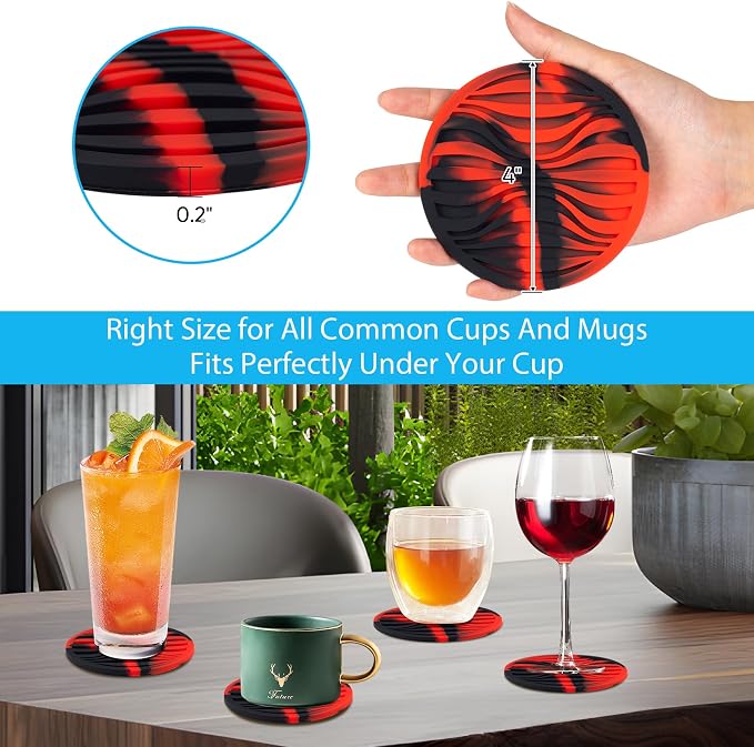 6 Pack Drink Coasters with Holder Non-Slip Rubber Coaster Silicone Cups Mat | - Image 6