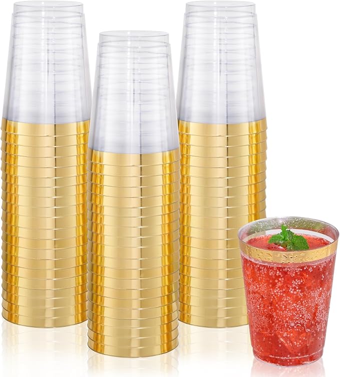 DaYammi 200 Pack Gold Plastic Cups 10 Oz Clear Cup Gold Rimmed Disposable Wine by DaYammiwillaccompanyyou