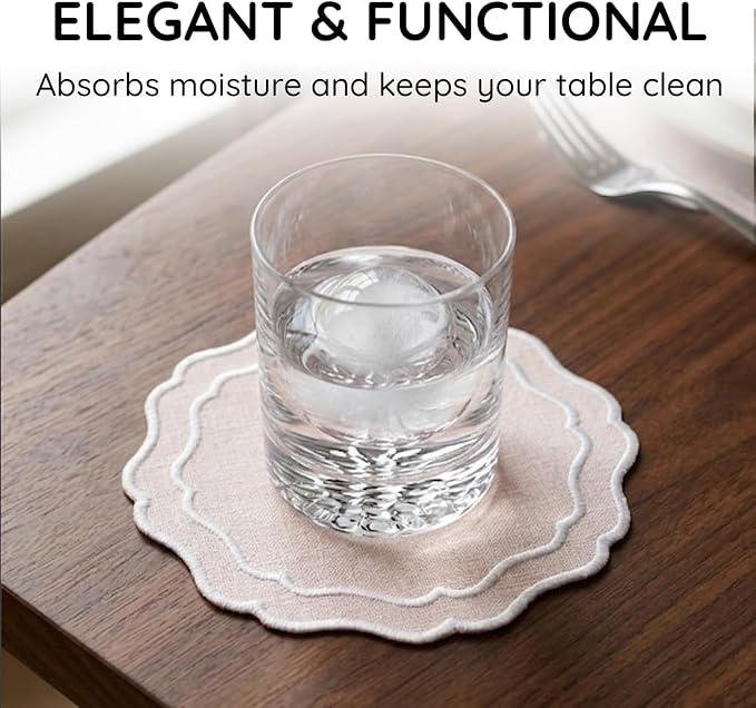 Linen Coasters for Drinks, 4.5 inch, Scalloped Edge, Reusable Handmade Coffee - Image 5