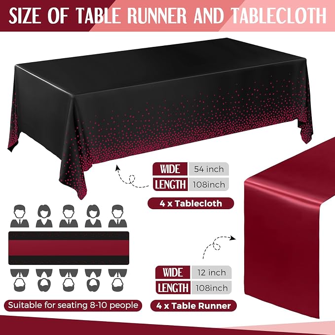 8 Pack Black and Maroon Disposable Plastic Tablecloths and Satin Table Runner - Image 2