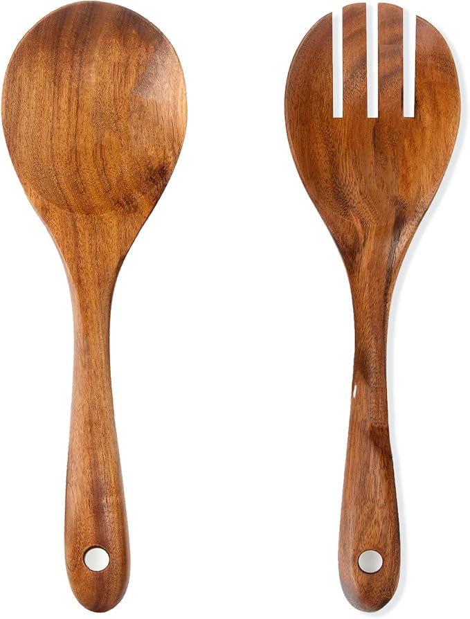 Teak Wood Salad Serving Spoon and Spork 10.2-Inch, Wooden Salad Server Set of 2 by SeoTin