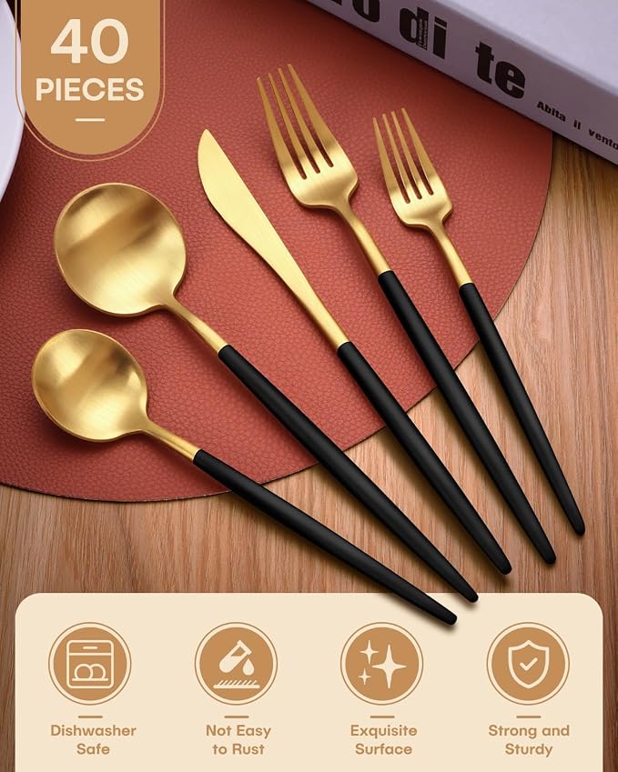 Black and Gold Silverware Set, Ollex 40 Pieces Matte Flatware Set, Colorful - Image 2