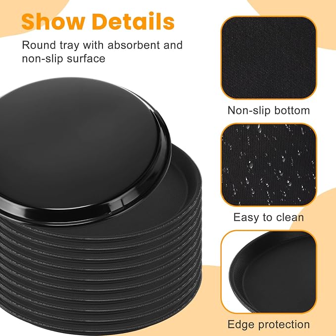 20 Pcs Black Restaurant Serving Trays Bulk Plastic Non Slip Surface Round Drink - Image 4