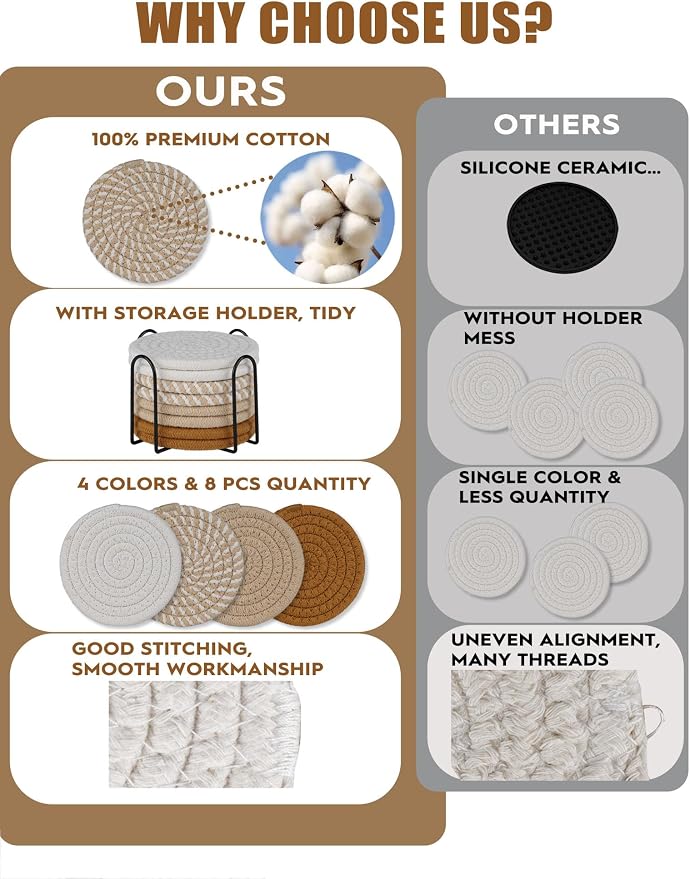 8 Pcs Drink Coasters with Holder, Boho Minimalist Cotton Woven Coasters Set - Image 5