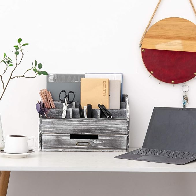 canwedance Distressed Rustic Wooden Office Desk Organizer 5 Compartment - Image 5