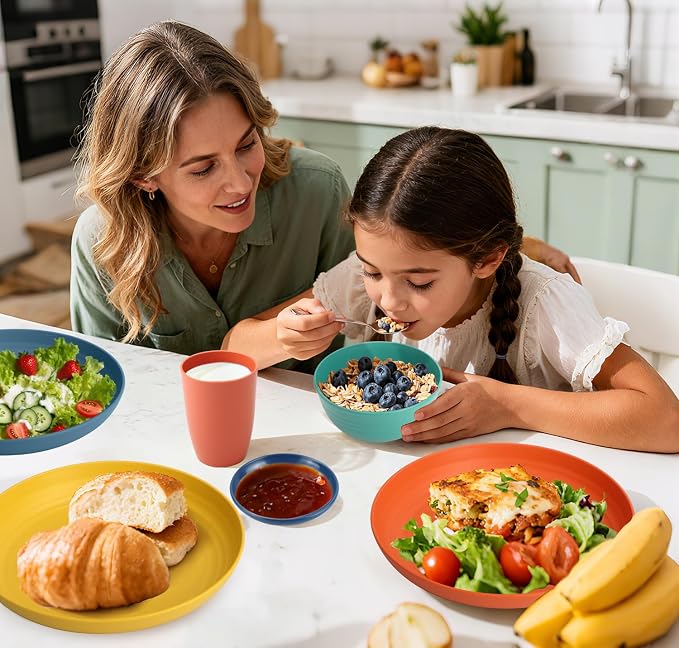 Wheat Straw Dinnerware Sets, Unbreakable Plates and Bowls Sets of 16, Kids - Image 2