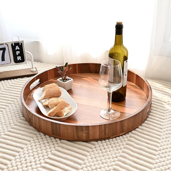20 Inch Extra Large Round Serving Tray HeavyDuty Acacia Wood Tray - Image 5