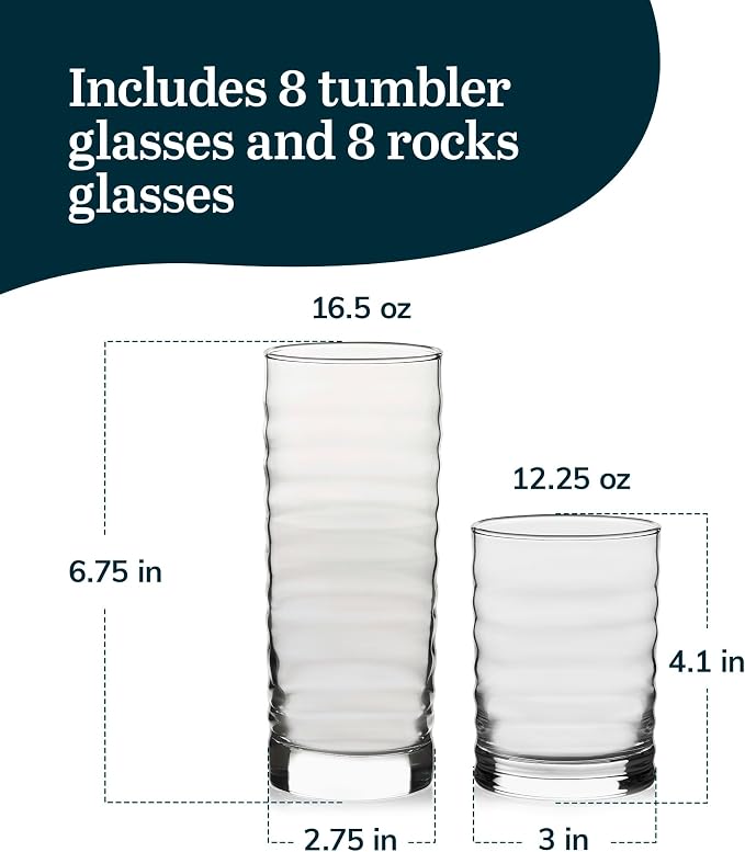 Libbey Pueblo Tumblers and Rocks Glass Cups Set, Wavy and Groovy Drinking - Image 3