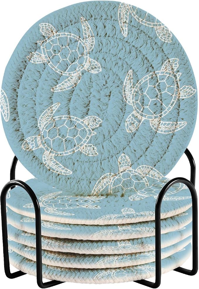 Turtle Blue Print Coasters for Drinks Set of 6 Absorbent Woven Drink Coaster by Unknown