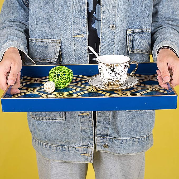 Blue Decorative Tray with Handles, Plastic Serving Tray - Image 3
