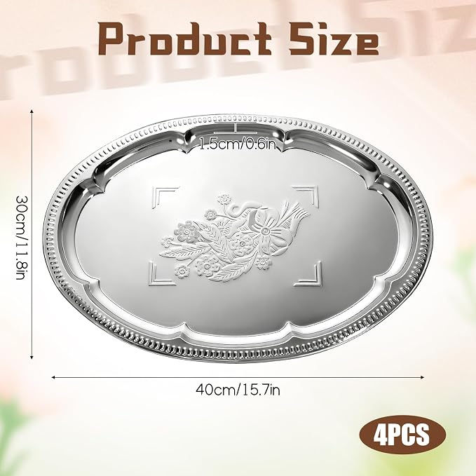 4 Pcs Large Silver Serving Trays, 15.7" x 11.8" Stainless Steel Oval Serving - Image 2