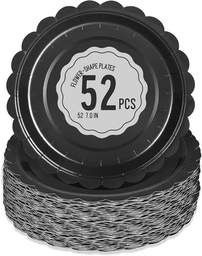 52 Pcs Black Paper Plates 7 Inch Scalloped Dessert Plates by Polinook-TheAnswerToEveryClutteredSpace