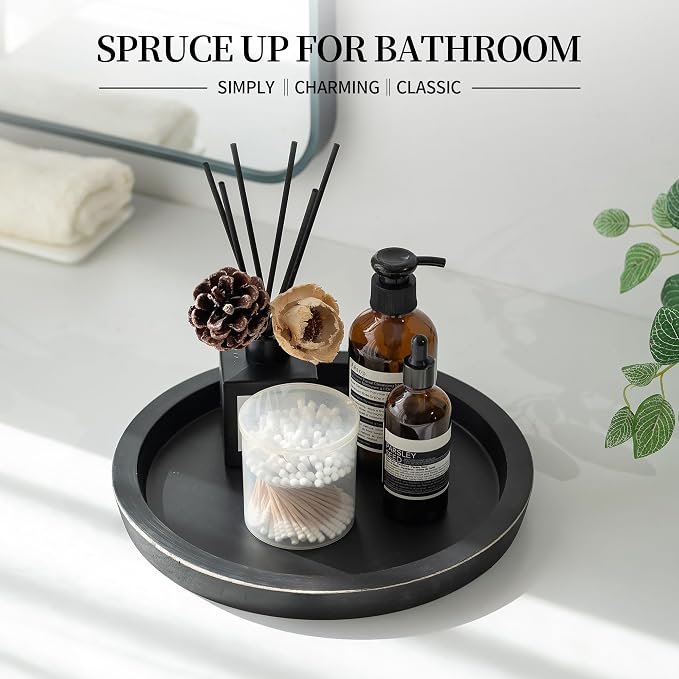 Hanobe Wooden Tray for Coffee Table: Candle Holder Plate Black Round Decorative - Image 4