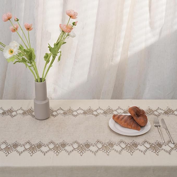 Phantomon Neutral Linen Table Runner 72 Inches Beige Embroidered Runner Lace - Image 4