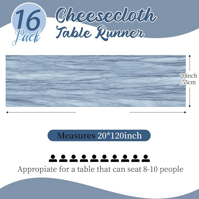 16 Pack Dusty Blue Cheesecloth Table Runners 20x120 Inch Gauze Table Runner - Image 2