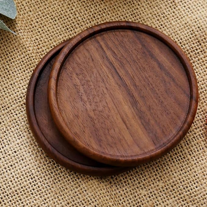 4 Inch 1PC Grooved Natural Walnut Cup Holder Round Black Wooden Coasters Heat - Image 3