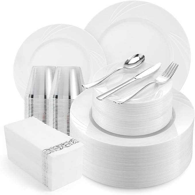 700-Piece White Swirls Plastic Dinnerware Set by VajilaPhil