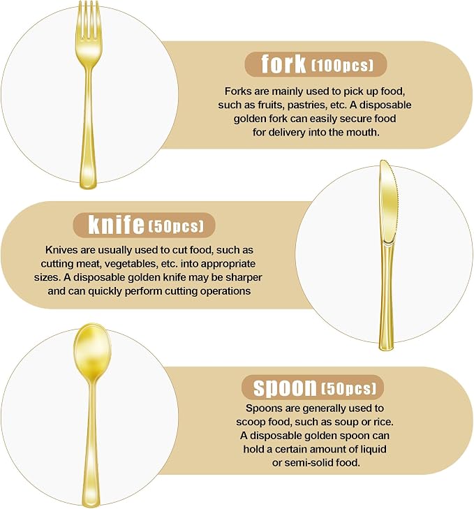Zcaukya 200 Pieces Gold Plastic Silverware Set | Disposable Cutlery, 100 Forks - Image 6