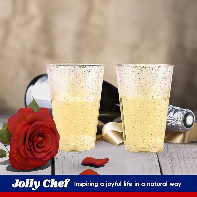 JOLLY CHEF 14 oz 50 Pack Gold Plastic Cups, Disposable Gold Glitter Plastic - Image 2