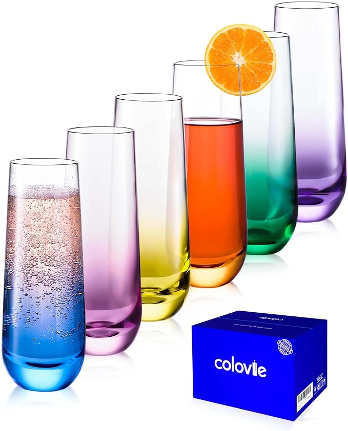 ColoVie Stemless Champagne Flutes set of 6, Colored Bar Glassware, Cocktail | by Colovie