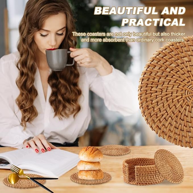 Rattan Coasters Set of 6 with Holder, 3.94 Inch Handwoven Coasters | Natural - Image 8