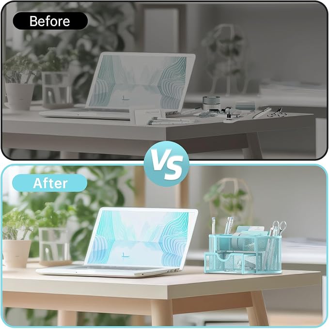 Mesh Desk Organizer with Drawer, 9-Compartment Pen Holder - Image 7