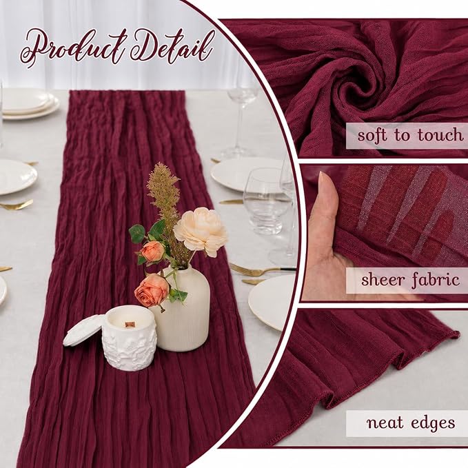 10 Pack Burgundy Cheesecloth Table Runner 22 x 120 Inch Gauze Table Runner | - Image 3
