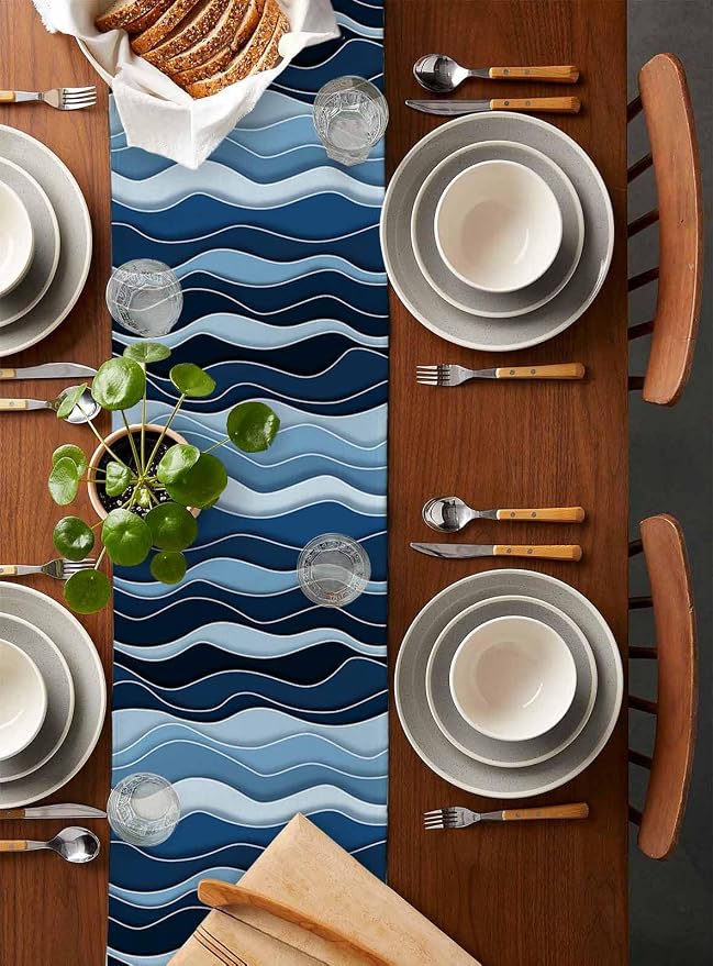 Abstract Blue Moire Table Runners 120 Inches Long, Cotton Linen Fabric Table - Image 5