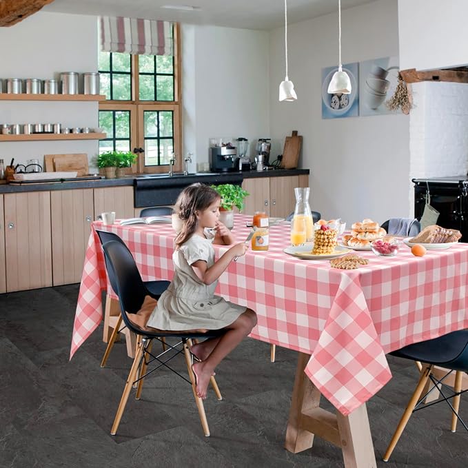 Plaid Tablecloth 2 Pack, 60 x 102 inch, Peach Pink and White | Waterproof - Image 7