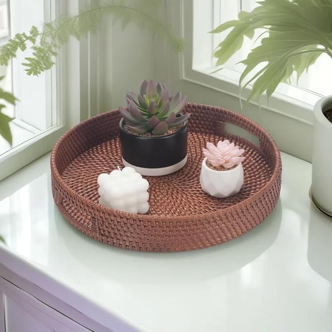 13.8 inch Round Rattan Tray, Decorative Coffee Table Tray, Ottoman Trays - Image 9
