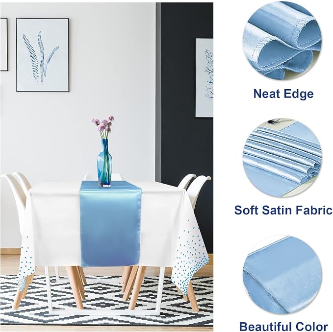 8Pack Disposable Plastic Tablecloths and Satin Table Runner Set White and Light - Image 3